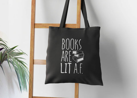 Books Are Lit AF Tote Bag, 12oz Nerdy Black Canvas Totebag - The Bookmatters