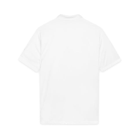 Men's White Performance Polo with Blue 'Blue Ridge' Circular Logo