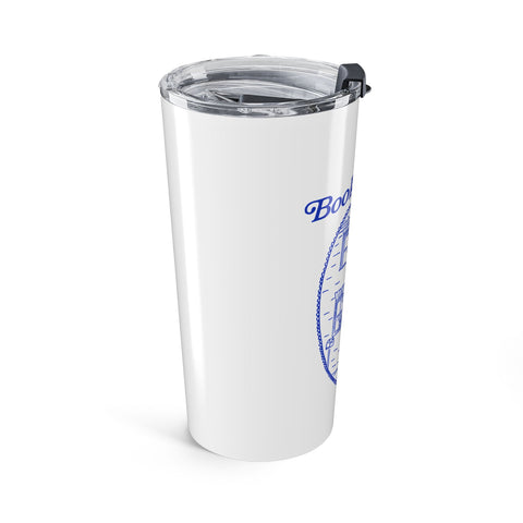 Bookmatters 20oz Travel Tumbler — Blue Illustrated Cozy Bookshop Design