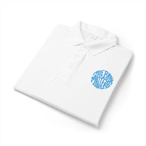 Men's White Performance Polo with Blue 'Blue Ridge' Circular Logo