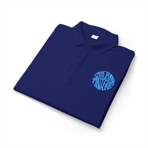 Men's White Performance Polo with Blue 'Blue Ridge' Circular Logo